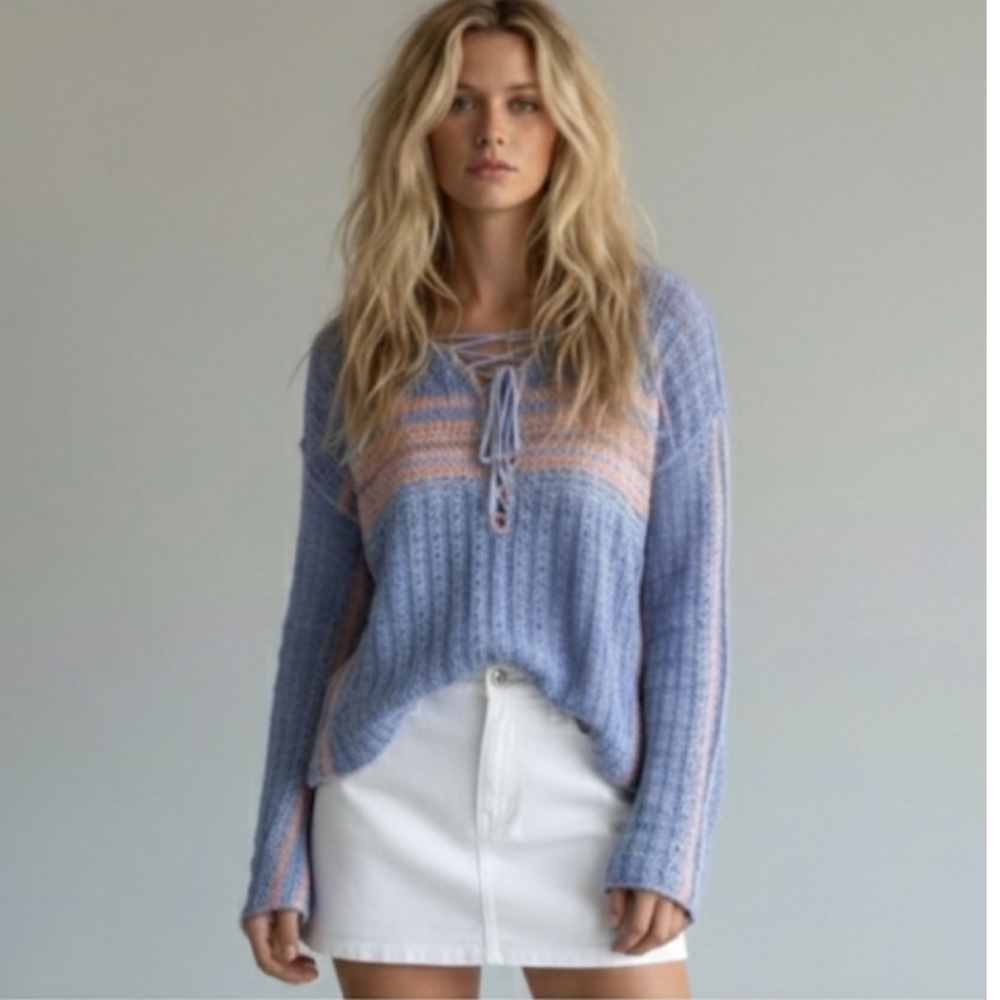 FREE PEOPLE Marina Bay Knit Lace Up Sweater Sunset Combo Periwinkle Blue NWT